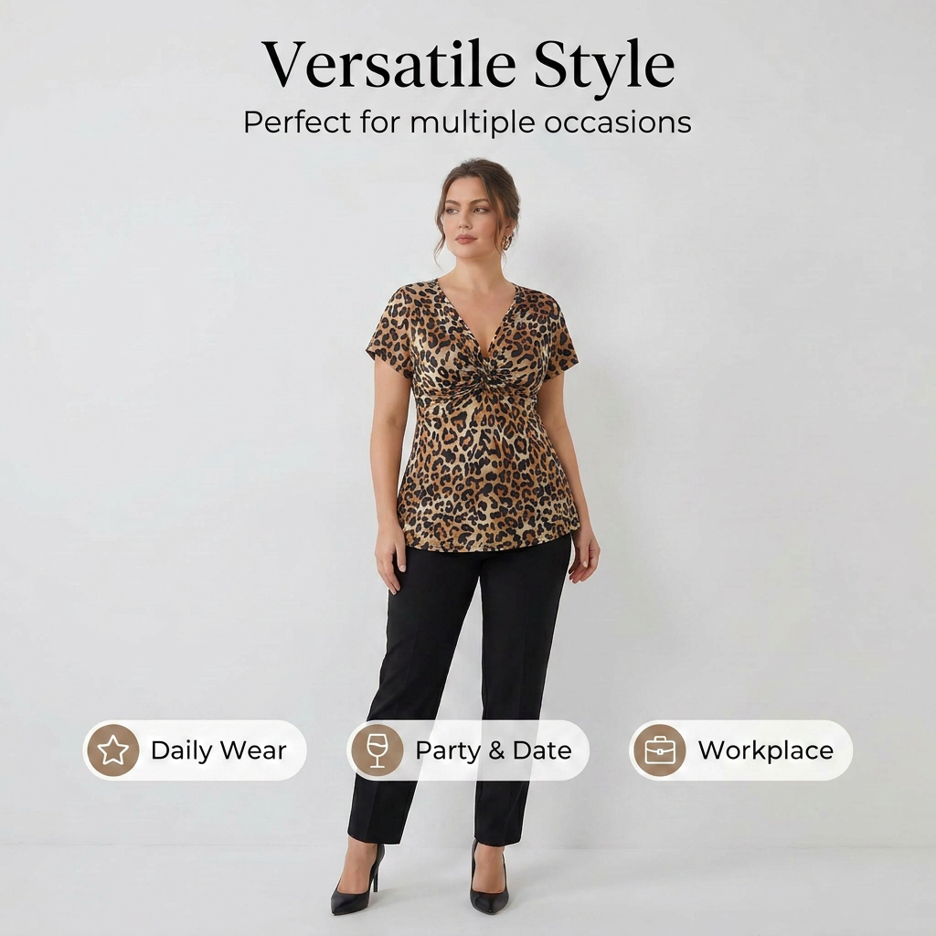 🐆Női, V-nyakú, elöl csavart, leopárdmintás felső👚
