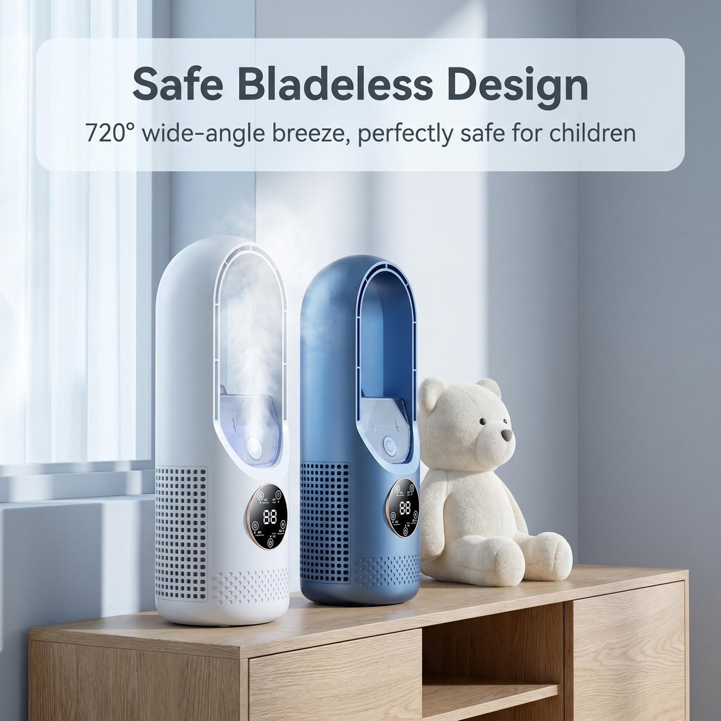 🌬️❄️ Hordozható, torony alakú jégköd-ventilátor – mikrométeres jégköddel történő hűtés