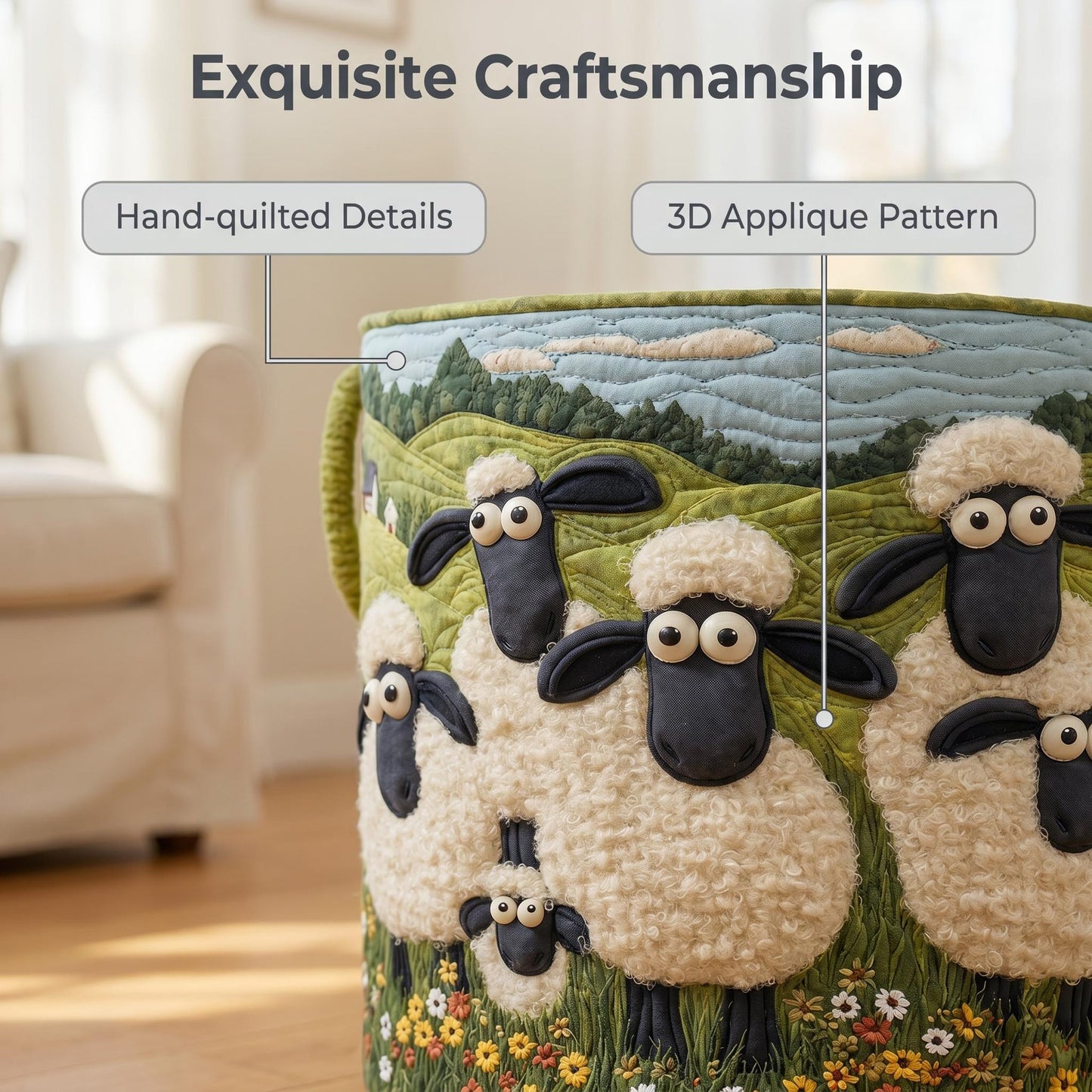 🧺🐑 Kézzel varrt „Bárányparadicsom” szennyeskosár – 100% pamut anyagból, összecsukható és hordozható, utánvéttel