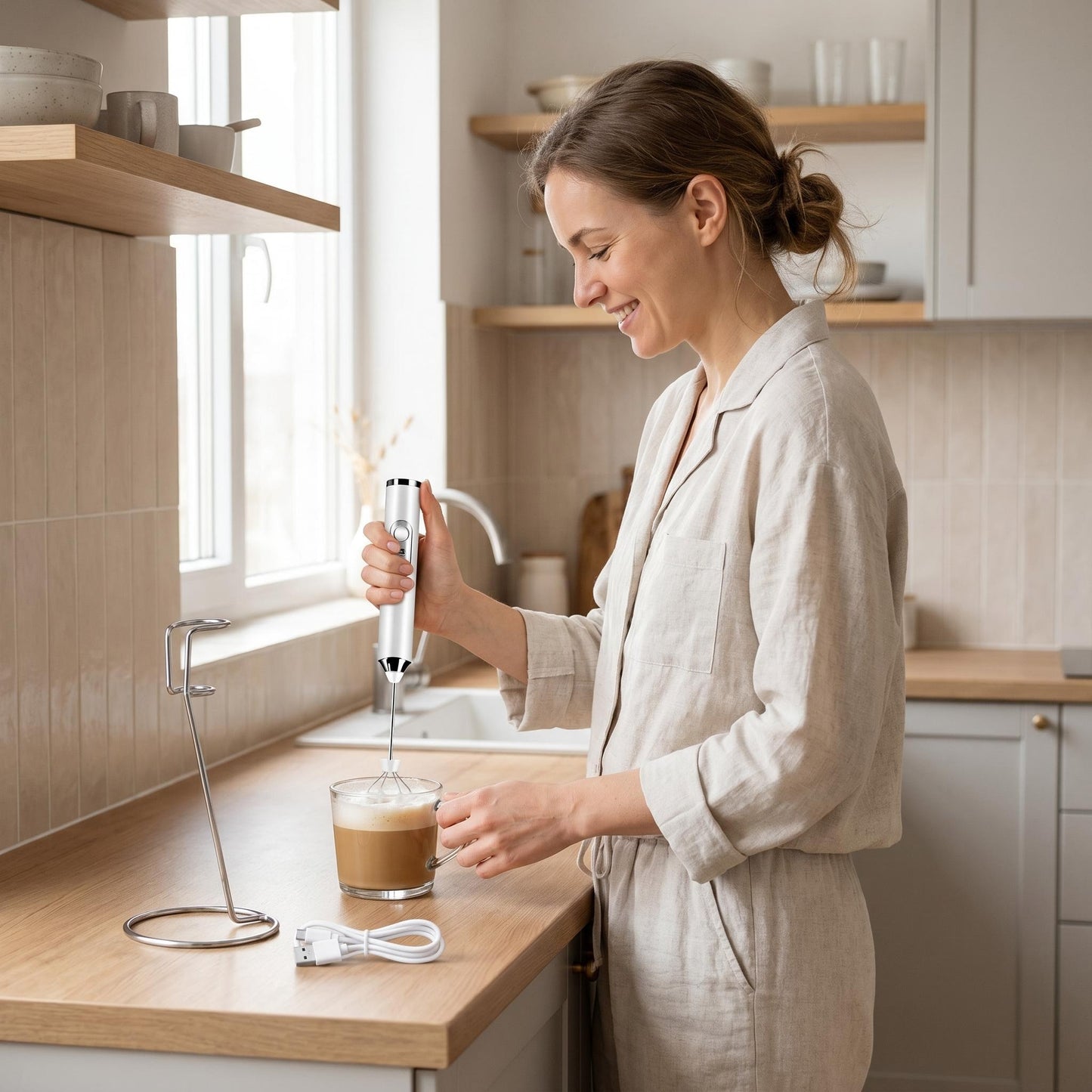 🔥👩‍🍳 Mini hordozható elektromos tejhabosító szett – selymesen finom tejhab, azonnal élvezhető kávé, 3 fokozatban állítható ☕✨