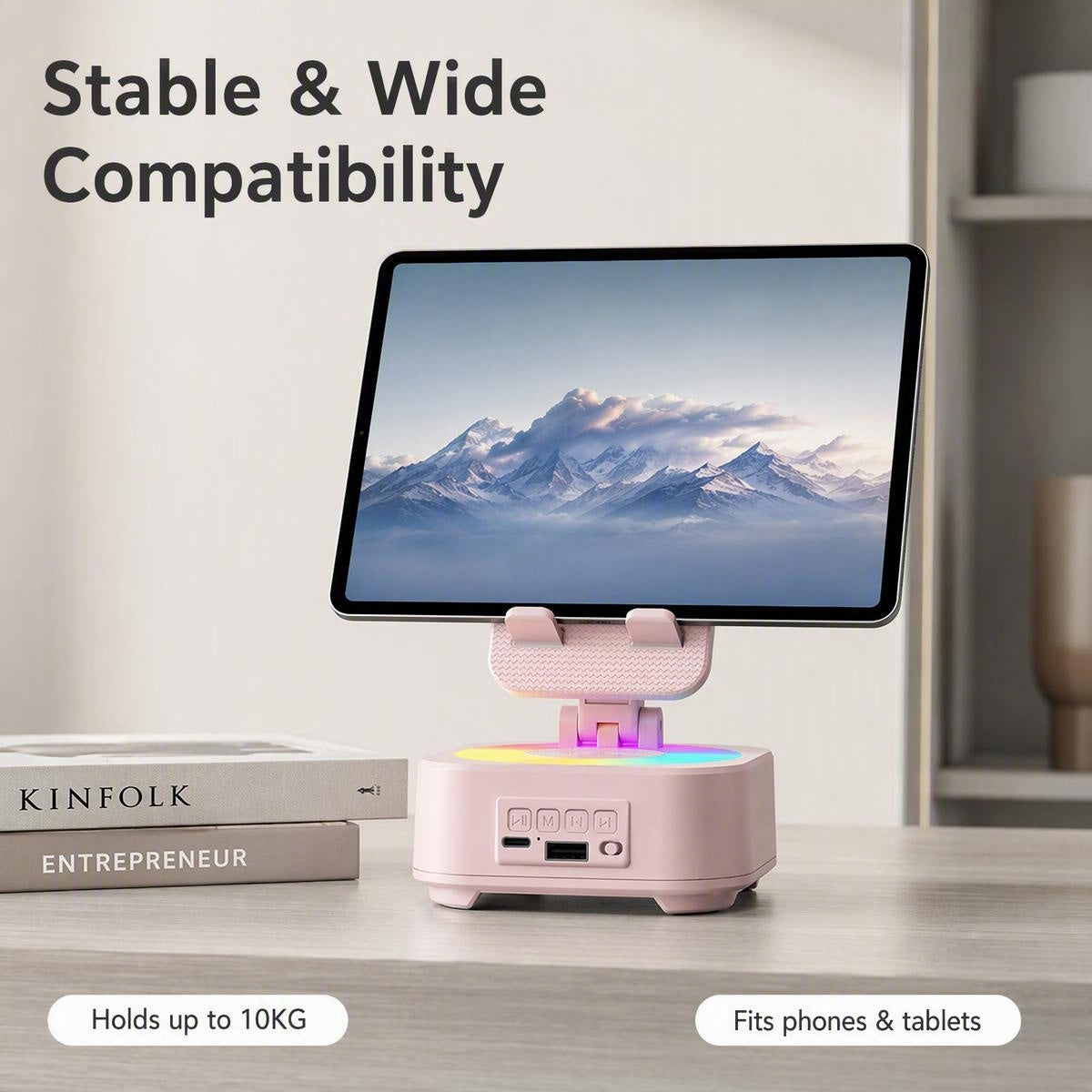 📱 4 az 1-ben forgatható asztali tartó Bluetooth hangszóróval és RGB fénnyel | DESK STAND SPEAKER