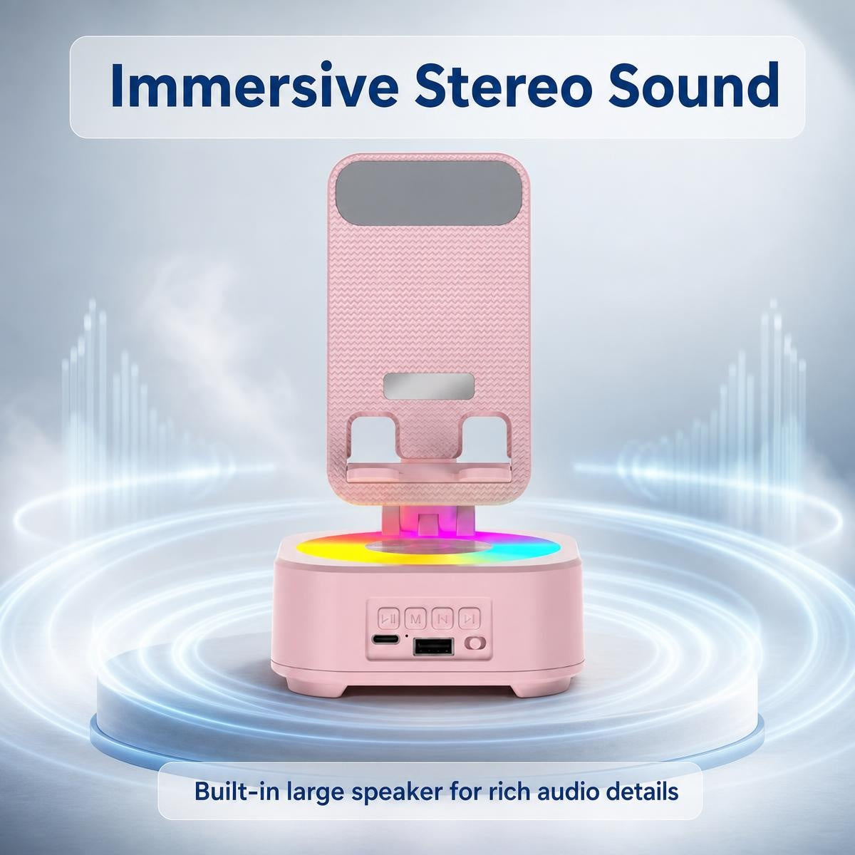 📱 4 az 1-ben forgatható asztali tartó Bluetooth hangszóróval és RGB fénnyel | DESK STAND SPEAKER